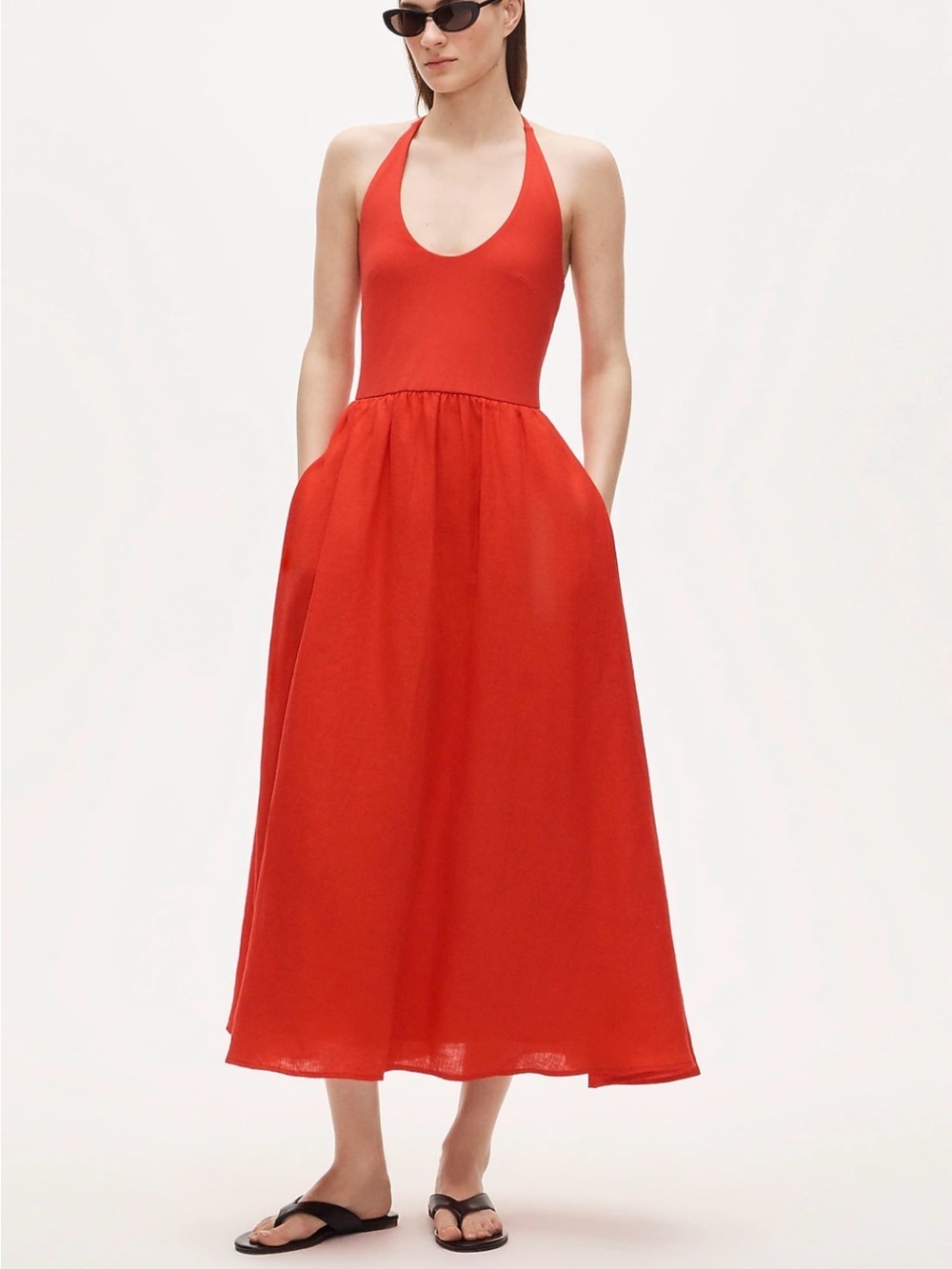 J. Crew Linen Red Mixy Halter Dress Pockets Sz L NWT $178